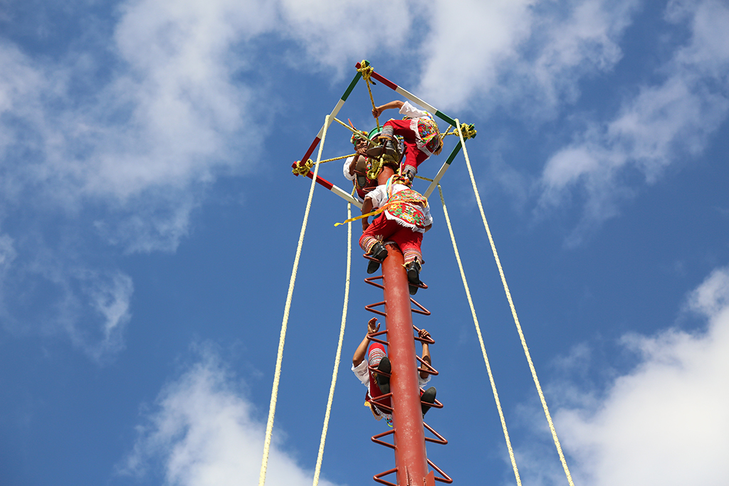 Traditional Papantla flying men in Costa Maya