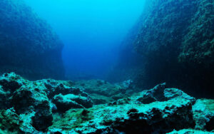 Rocks on ocean floor, underwater view.